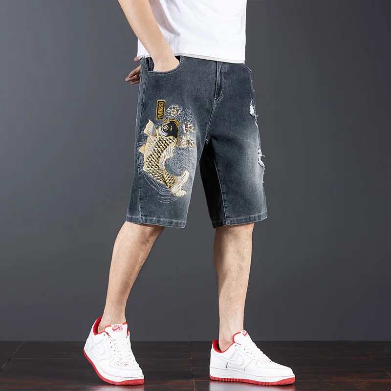 Chinese Style Embroidery Denim Shorts Men's Fashion Design Loose Elastic Ripped Street Trend Retro plus Size Shorts