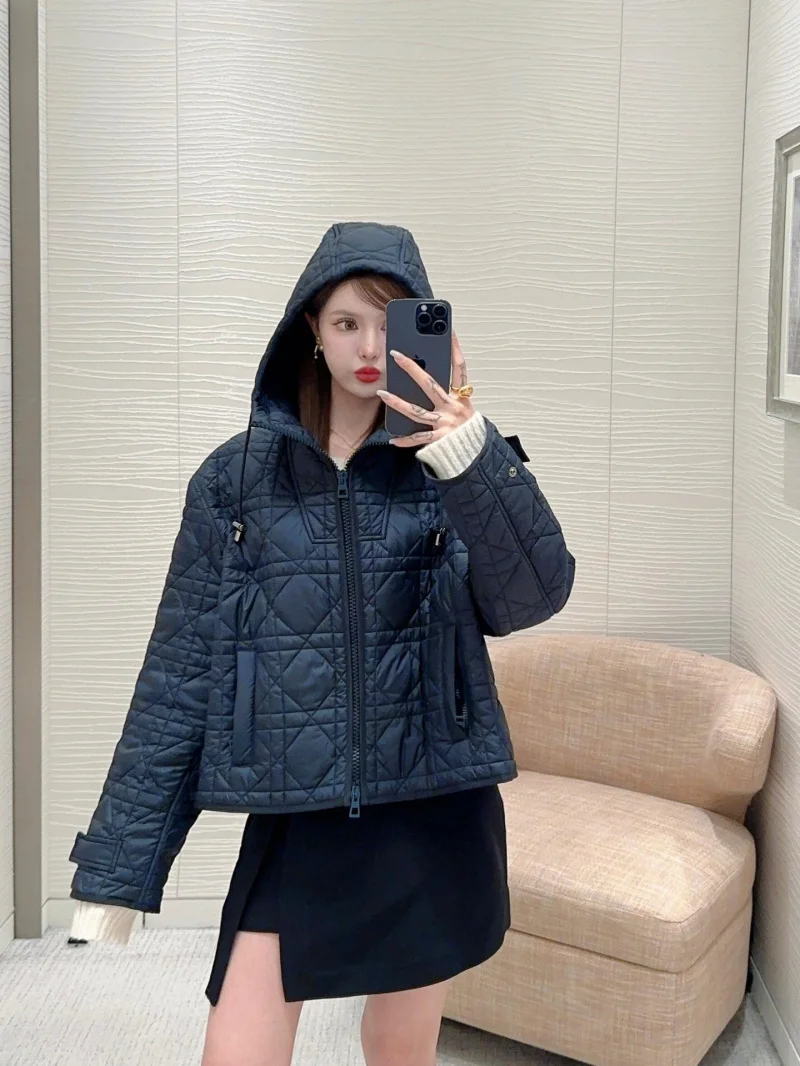 2024 New Hooded Zipper Cotton Jacket Imported Bright Nylon Material Cotton Plaid Jacket Lightweight Warm Top