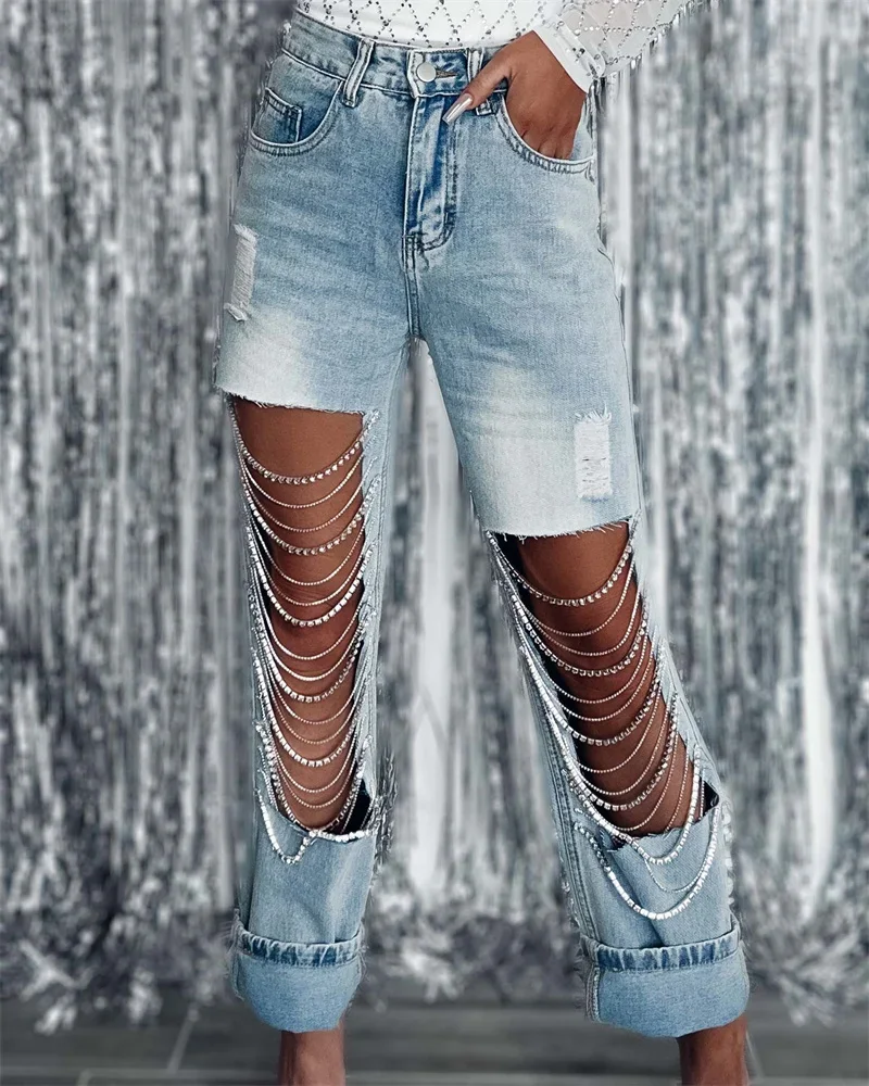 Fashion Big Broken Holes Chain Splicing Decoration Straight Jeans Women New Centre Hollow Out Denim Pants Female Casual Trousers