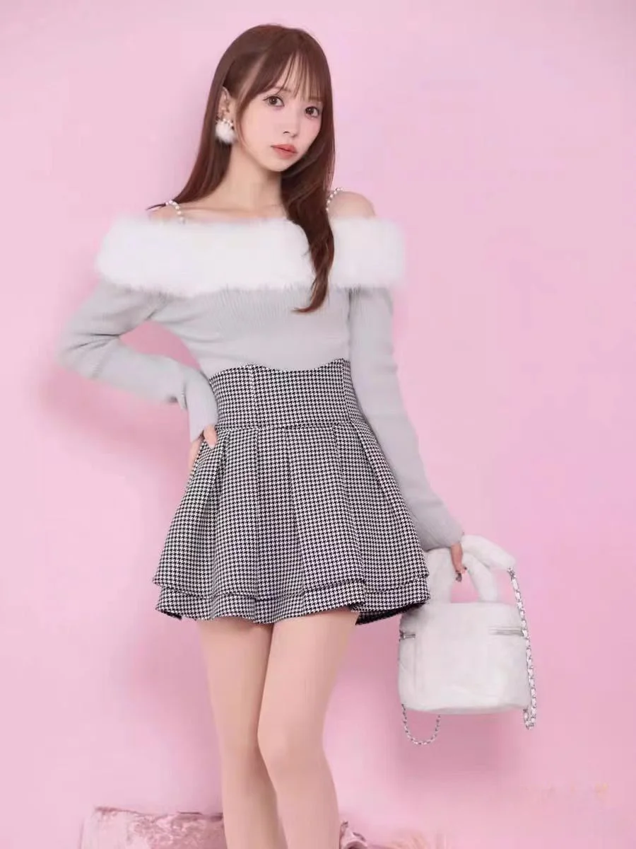 High Waist Plaid  Skirt Pants Sweet Japanese Style College Campus Autumn Winter Long Legging Effect Skirt for Women Girls