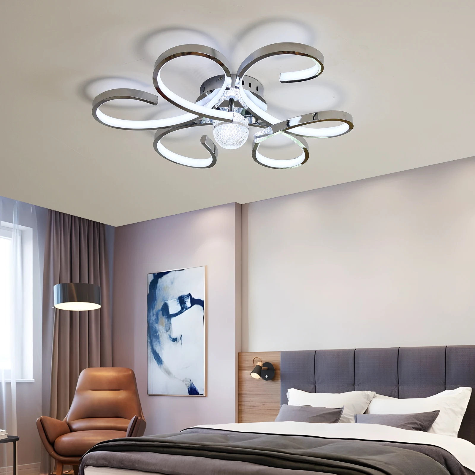 D60cm Modern LED Ceiling Light with Remote Control, Dimmable Floral Chandelier for Bedroom Kitchen Study, Finish Ceiling Lamp