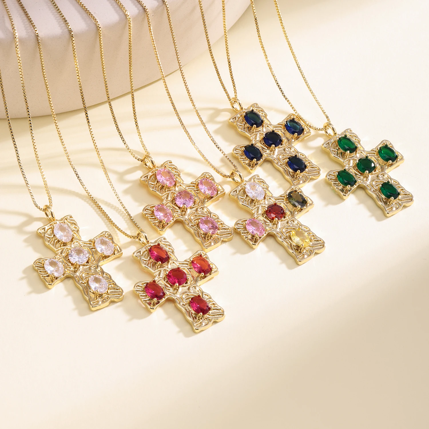

AIBEF Fashion Multicolors Cross Pendant Zircon Necklace for Women Girls Accessories Chain Exquisite Christmas Day Gifts