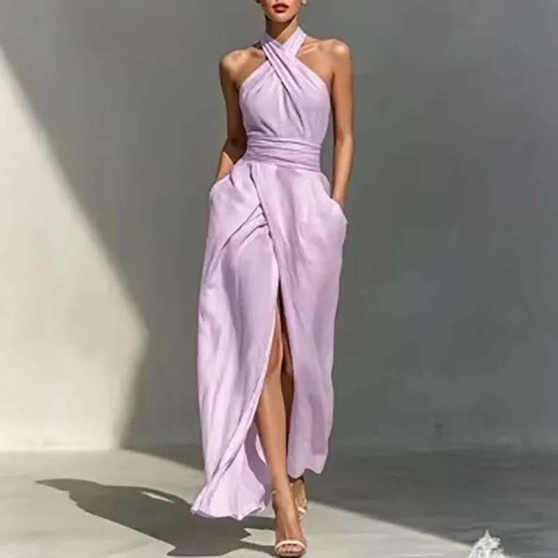 Women Sexy Off Shoulder High Waist Long Dress Spring Criss Cross Halter Hollow Boho Dress Summer Sleeveless Vacation Beach Dress - Image 4
