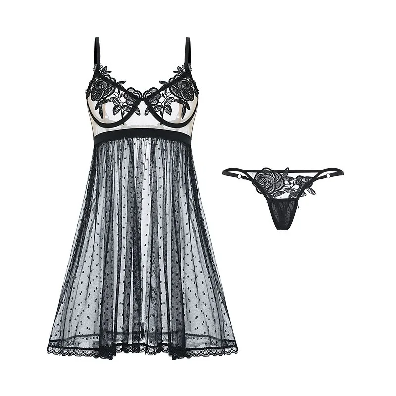 Women Water Soluble Lace Night Dress Lady Hotsweet Sexi Elegant Senior Dress Female Sheer Thin Midnight Date Romantic Love Dress