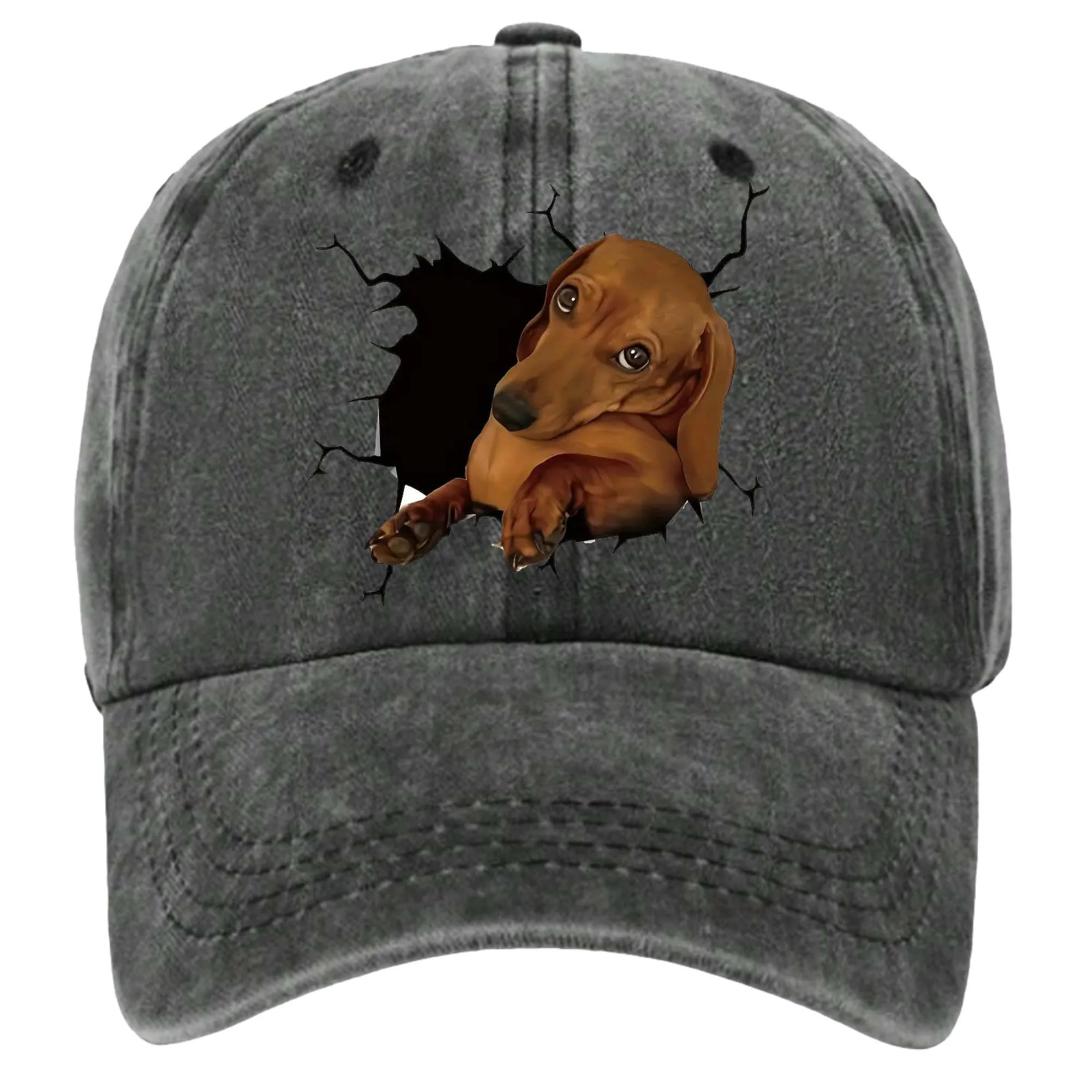 

Baseball Cap with 3D Dachshund Dog Print - Distressed Vintage Washed Adjustable Curved Brim Sun Hat, Unisex Sporty