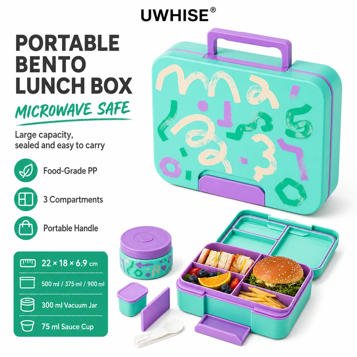 Uwhise Portable Bento Lunch Box For Kids Adults 3 Compartment Microwave Safe Snacks Meal Prep Container With Insulated Food Jar