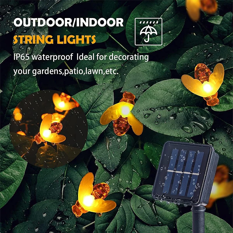 LED Solar Mini Honey Bee Shape Led String Lights Zewnętrzne wodoodporne światła Dekoracja Patio Holiday Party Garden Dekoracja LED