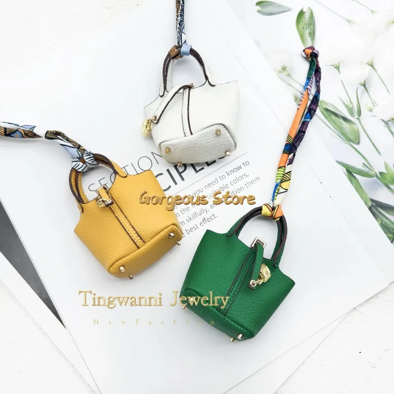 Mini H Home Vegetables Baskett Bag Pendant Decorative Leather Car Keychain Earphone Bag Pendant