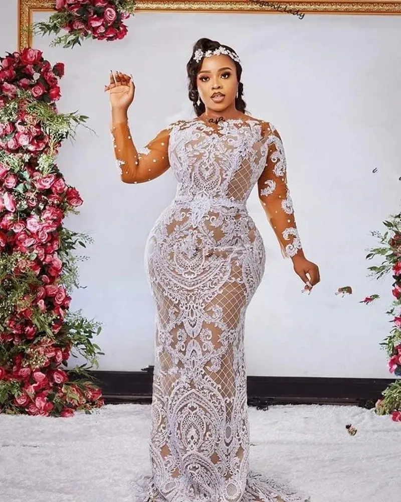 Plus Size Arabic Mermaid Wedding Dresses with Detachable Train Long Sleeves Lace-up Beaded African Bride Gowns Robe De Mariage