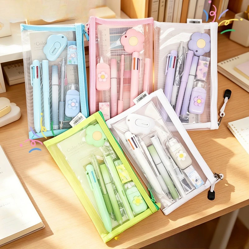 9PCS/Set Kawaii Stationery Set for Students Girls Safety Cutter 6-Color Pen Highlighter Index Tabs Complete Study Supplies Gifts