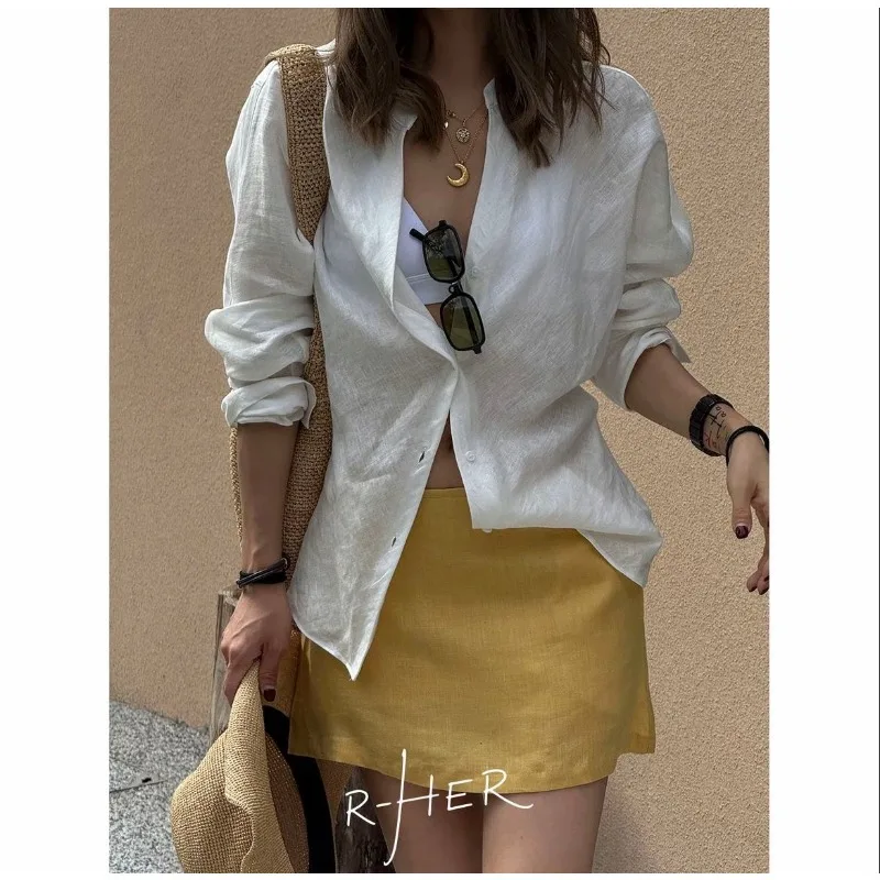 Women Summer French Linen High Waist Slimming A Line Mini Skirt Ginger Yellow Casual Commute Basic Bottom