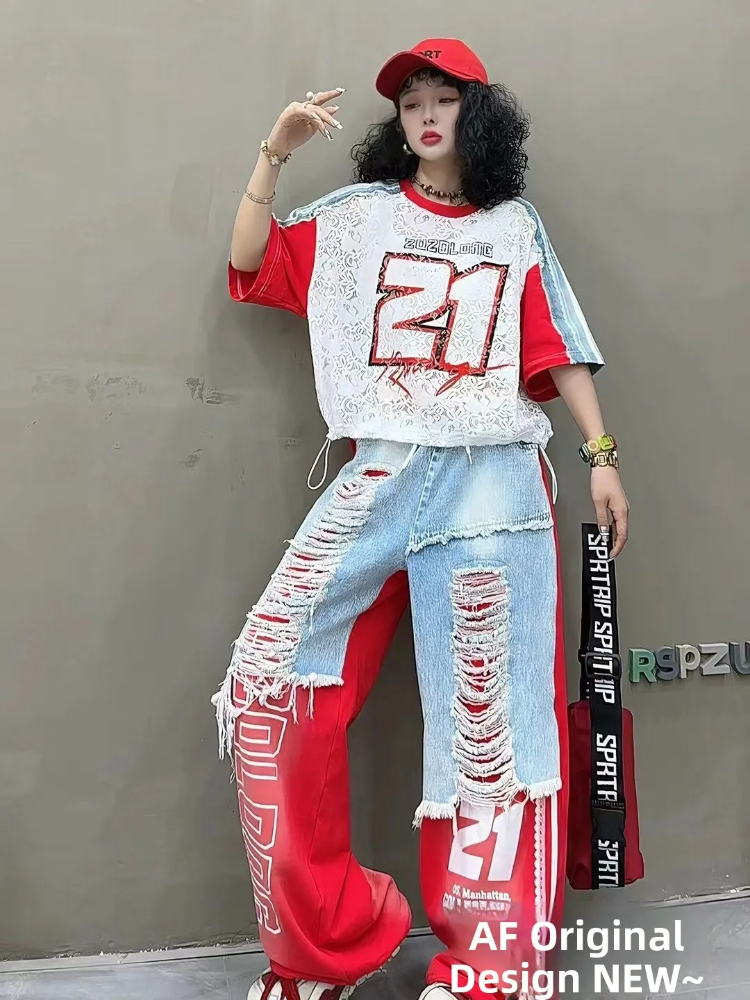 

Trendy European Style Women's Summer 2026 Casual Sportswear Set Loose Straight Leg Jeans Short Sleeve T-Shirt Print Splicing