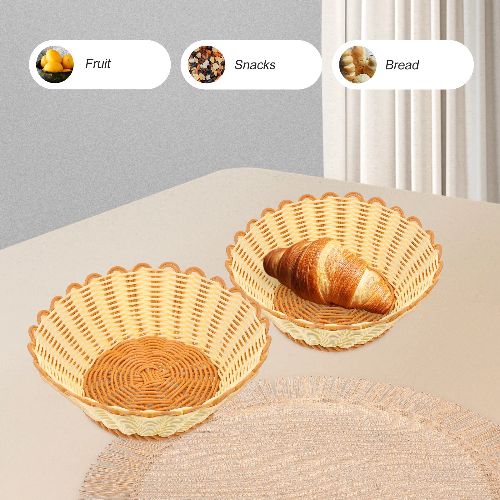 

2Pcs Multi Function Woven Imitation Rattan Basket Bread Snack Fruit Tray Home Storage Basket Multi-Function Storage Tray