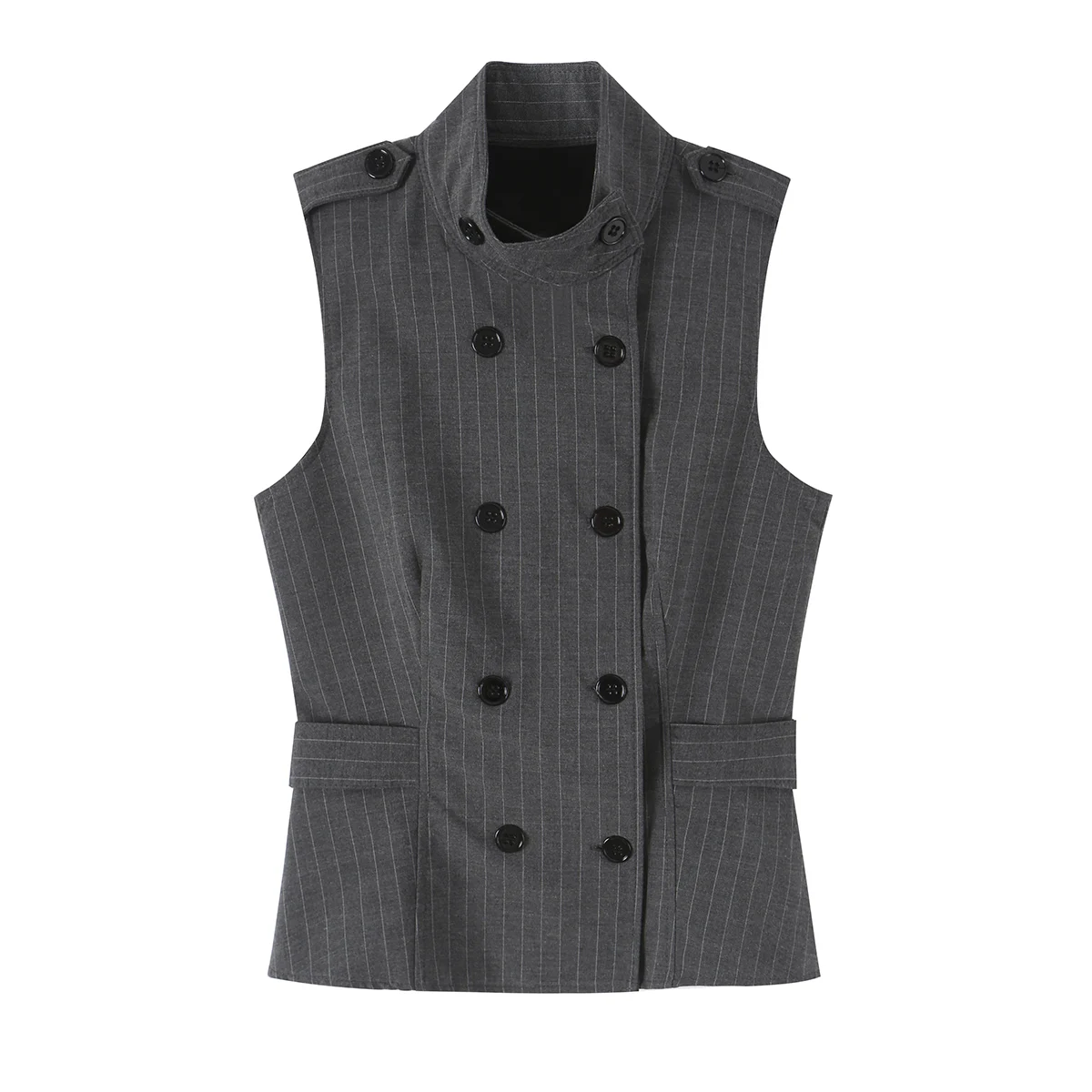 BSAY New Women Sleeveless Waistcoat Stand Collar Striped Double Breasted Vest With Epaulet Buttons Elegant Office Decorative Top