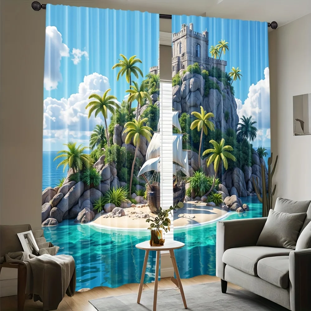 Tropical Island Curtain, 3D Castle Cliff Ocean View Window Drape, Fantasy Beach Scenery Decor for Living Room, Blue Sky Fabric