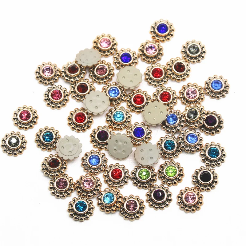 50pcs 14mm Multicolor shiny rhinestones Flower Round Flatback Buttons Home Garden Crafts Cabochon Scrapbooking DIY Accessories