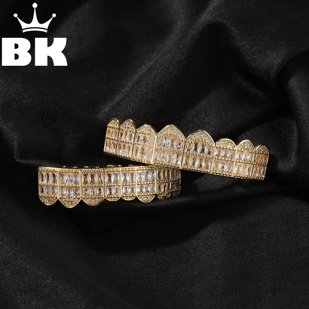 The Bling KING Shiny Baguettecz Girllz 남성용 풀 아이스 아웃 큐빅 치과 그릴, 상단 또는 하단 힙합 쥬얼리, 8 개 치아 