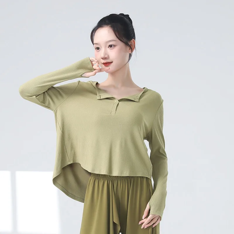 

Новый женский топ для современного танца с длинным рукавом, сценический костюм, одежда для выступлений, топ для йоги с V-образным вырезом, асимметричный топ для лайн-дэнса