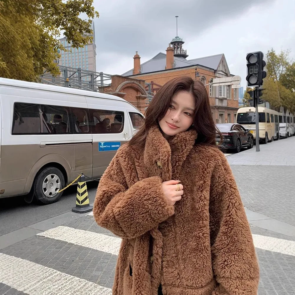 UMI MAO-abrigo Reversible de piel de oveja para mujer, abrigo de piel auténtica de lana de cordero de invierno, abrigo de longitud media, chaquetas coreanas para mujer