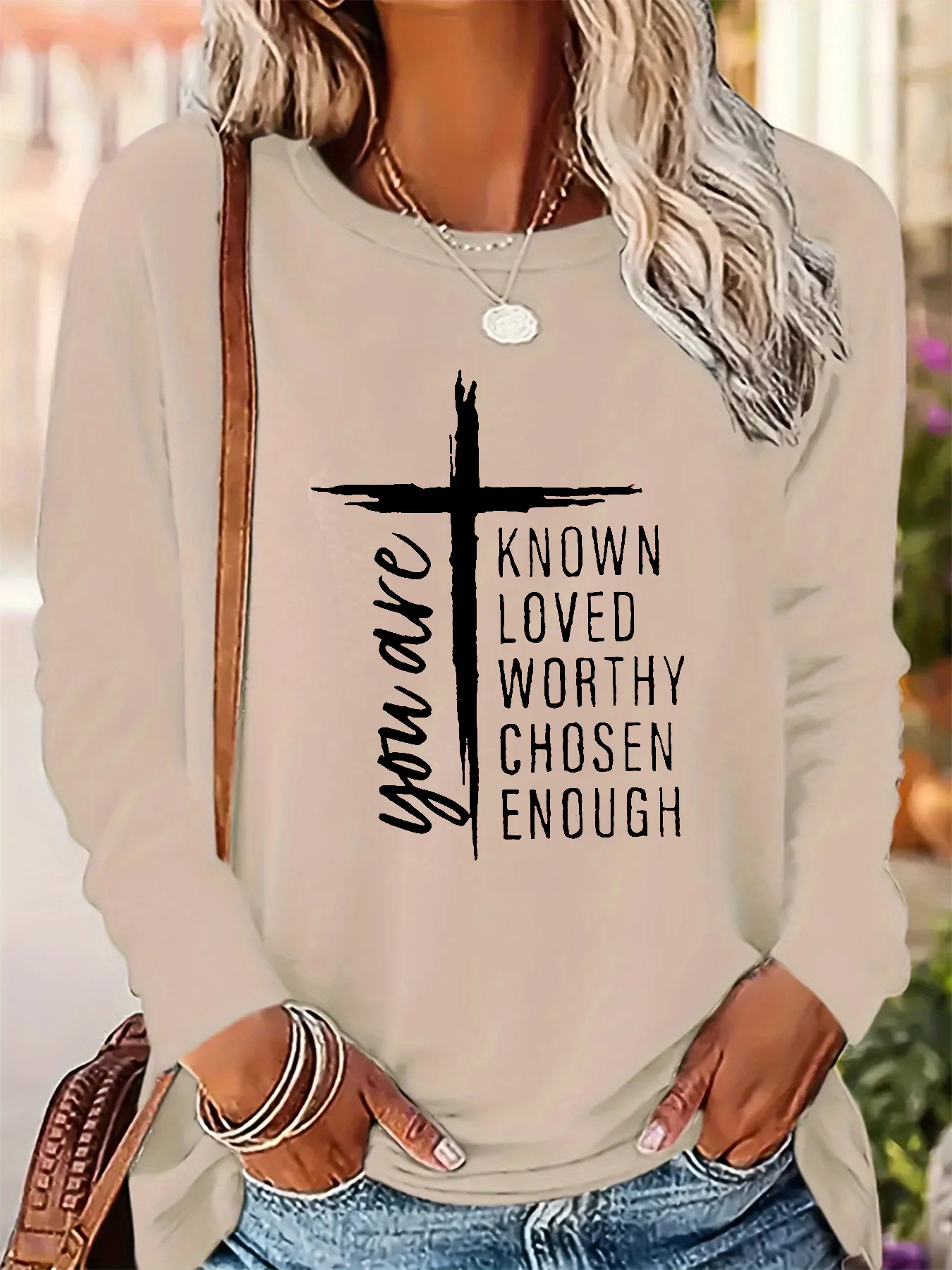 Women's autumn and winter 100% pure cotton casual loose inspirational text and cross pattern round neck long sleeved T-shirt top