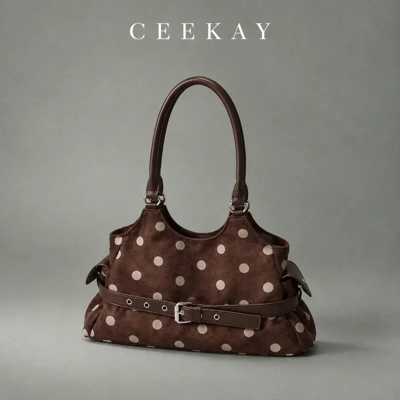 CEEKAY Polka Dot Suede Handbag Belted Buckle Accent Top Handle All-Match Daily Wear Roomy Elegant Chic Classic for Women