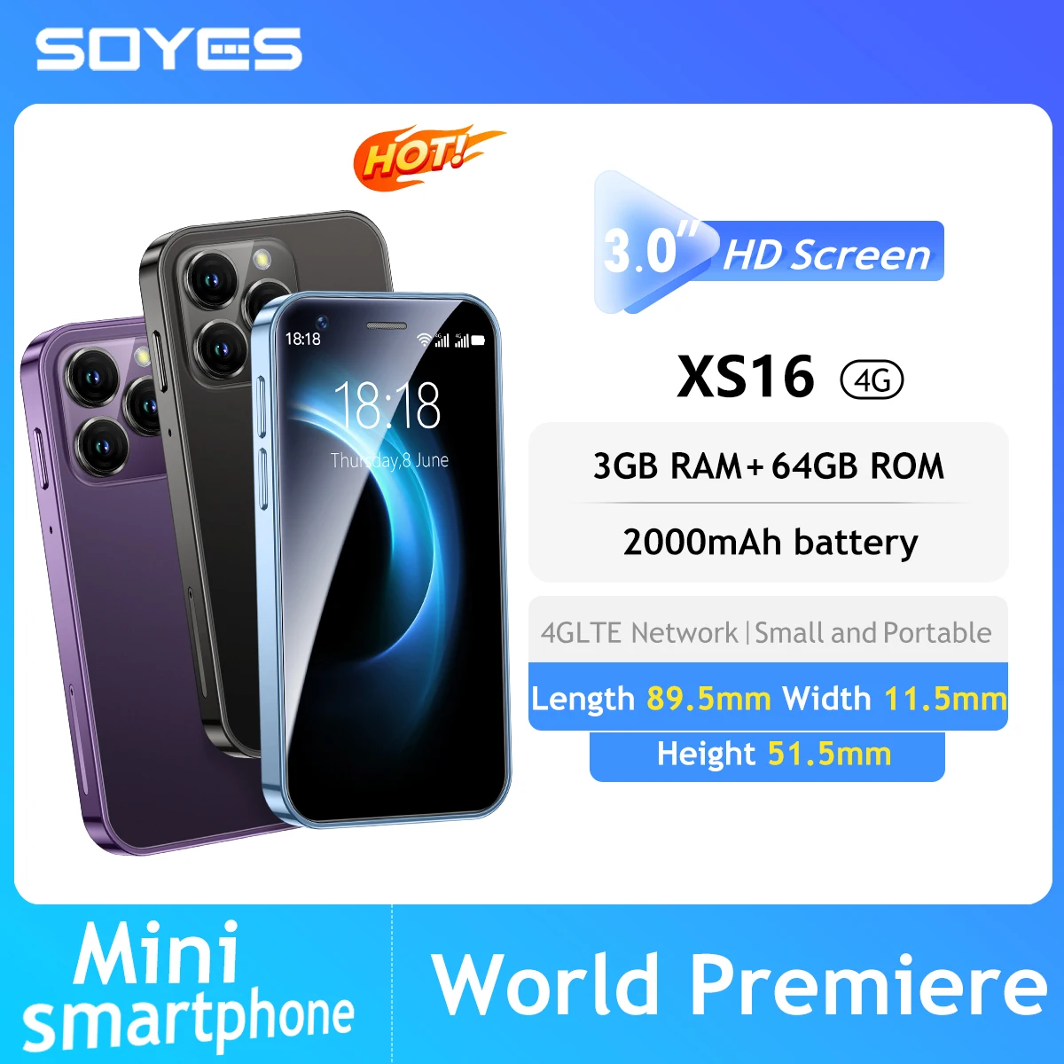 Top Selling SOYES XS16 mini 4G Smartphone 3.0inch 3GB RAM 64GB ROM Android 8.0 5MP Camera Dual SIM With Play Store WhatsAPP