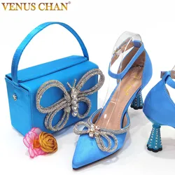 Venus Chan 2023 Ladies Summer Special Design Sky Blue Color African Women Shoes and Bag Set décolleté a punta per la festa di nozze