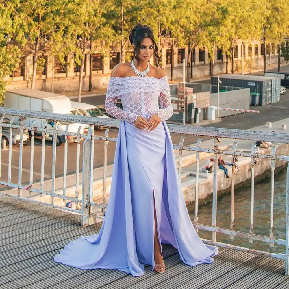 

Classic Evening Dress Off Shoulder Patchwork Chiffon Sheath Lace Long Sleeve Front Slit Backless Saudi Arabian Women's Prom Gown