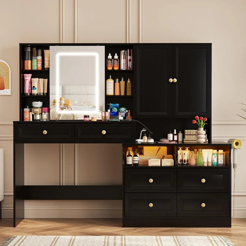 مكتب زينة مكياج أسود كبير فاخر مع مرآة منزلقة، مجموعة منضدة 58.6 طاولة، مخرج طاقة، 6 أدراج وإضاءة لـ U