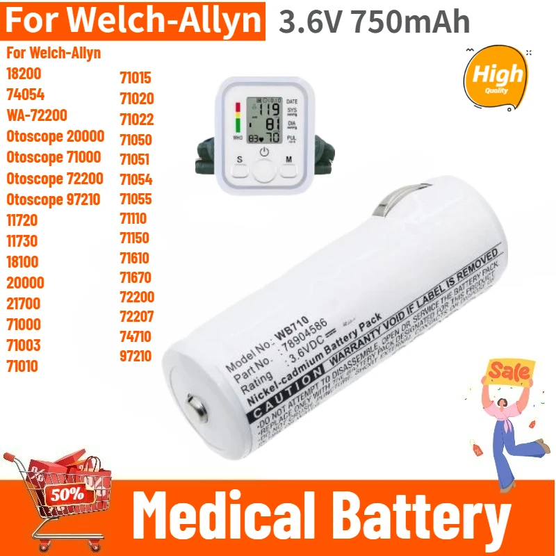 

High Quality 3.6V 750mAh Medical Battery for Welch-Allyn 18200,74054,Otoscope 20000,WA-72200,11720,(71000,72200,97210)Brand New