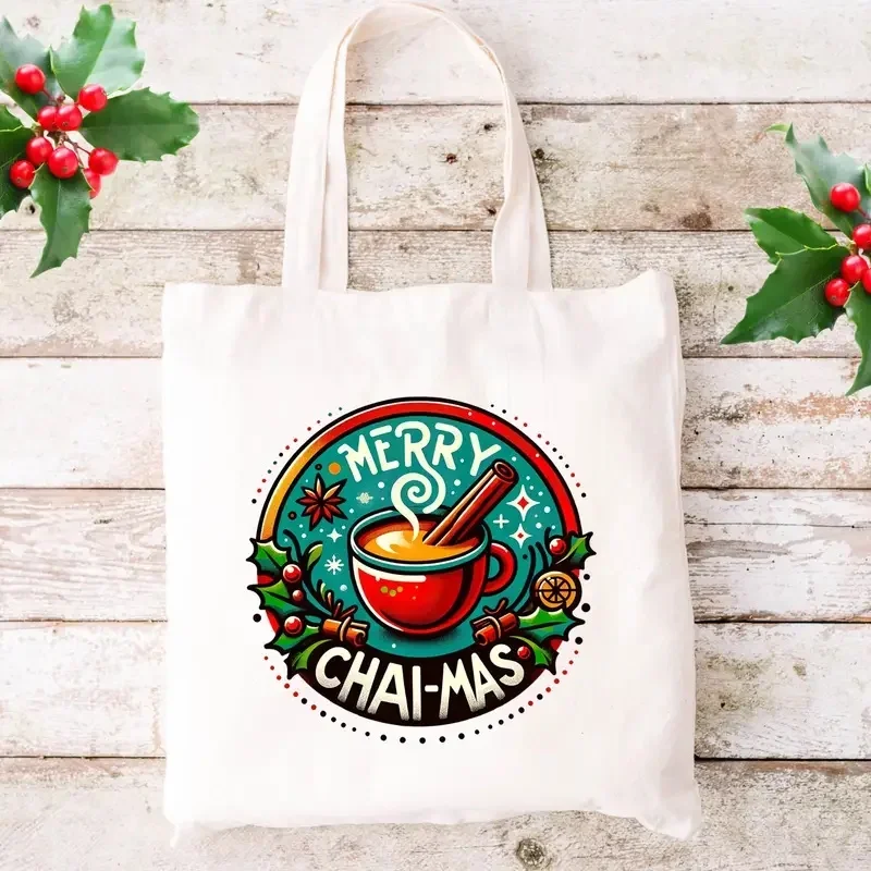 

Canvas Tote Bag With Cute Sheep Christmas Chai Cup Cartoon Spaghetti Art Designs Reusable Shoulder Bag For Shopping Everyday Use