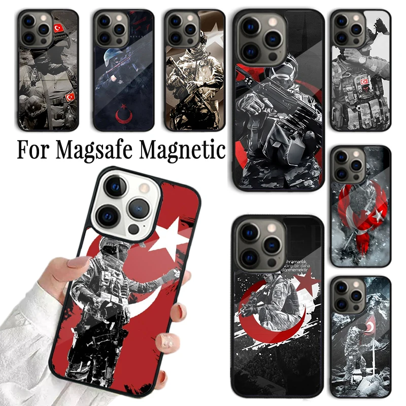 Coque Phone Case For iPhone 16 15 14 13 12 Mini 11 Pro Max Plus Magsafe Magnetic Wireless Charging Cover Turkey Flag Soldier