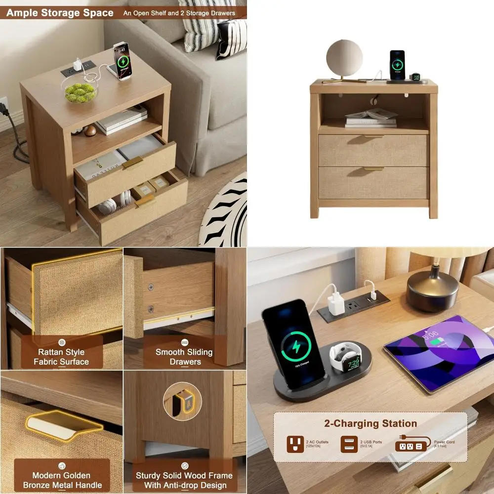 

Тумбочка для спальни с зарядной док-станцией, акцентный стол с 2 ящиками, полка для хранения, массив дуба, прочный дизайн