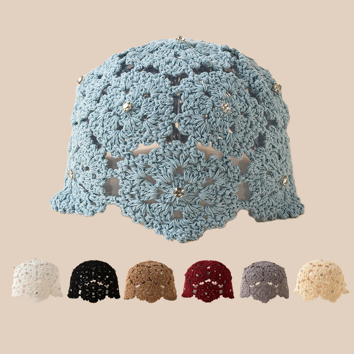 Spring Summer Autumn Thin Hollow-Out Crochet Hat with Rhinestones Breathable Flat-Top Straw Hat for Women