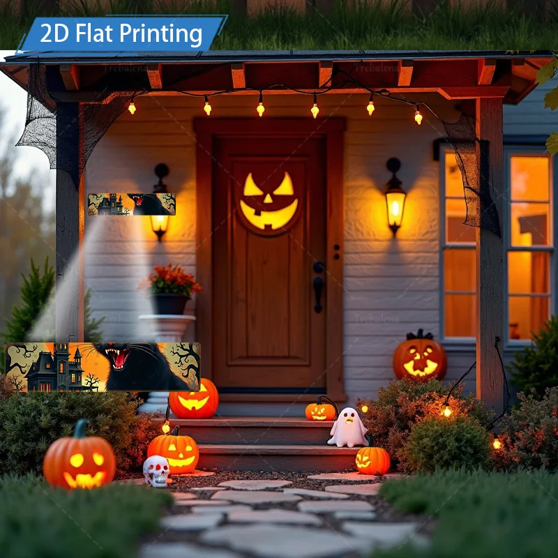 1 قطعة 4x16 بوصة علامة معدنية للهالوين جدار معدني الفن-قلعة مخيفة وقطة سوداء 2D طباعة مسطحة ديكور