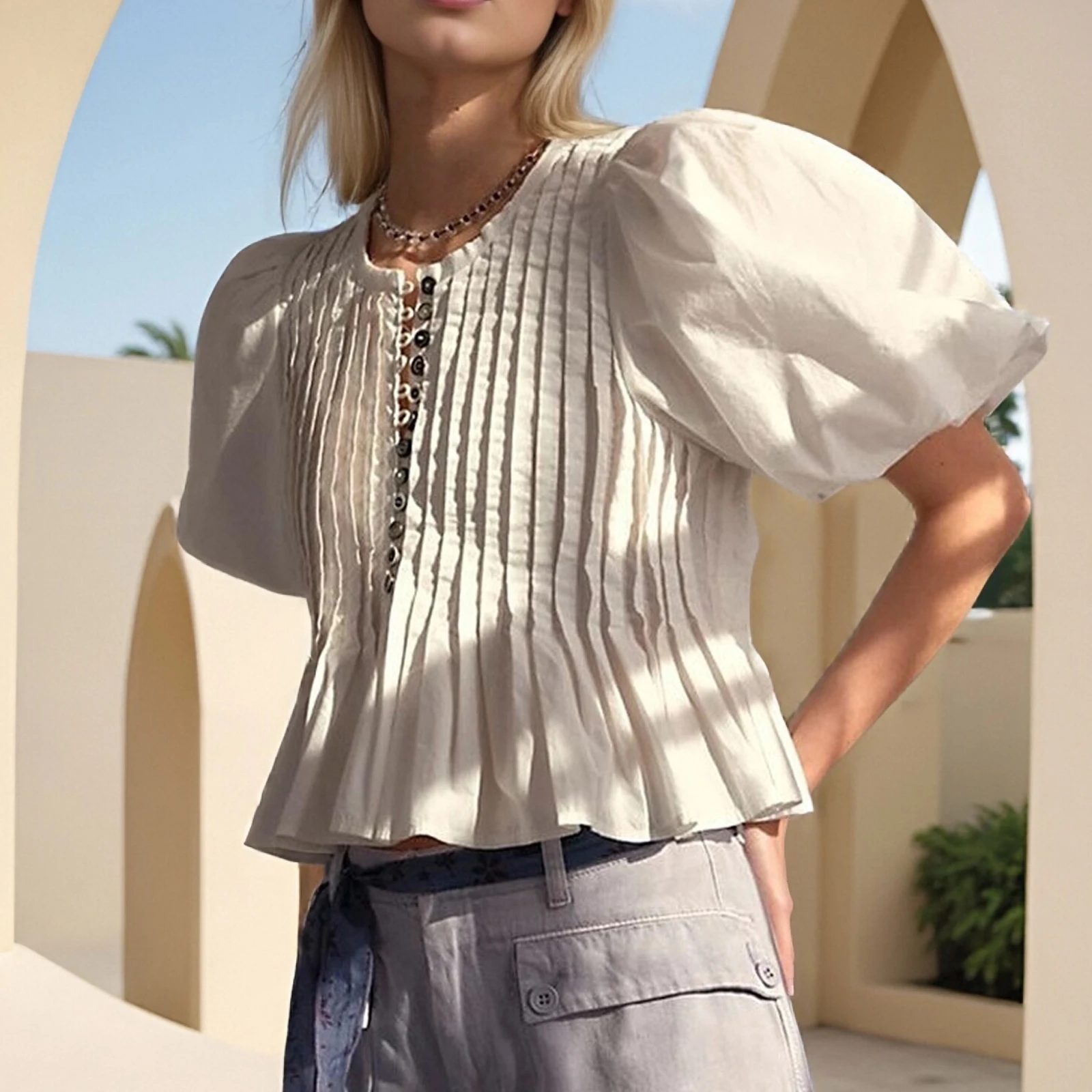 2026 Fashion Women's Pleated Ruffle Shirts Summer Sexy Ladies Solid Color Bubble Short Sleeve Button Down Tops White T-Shirts