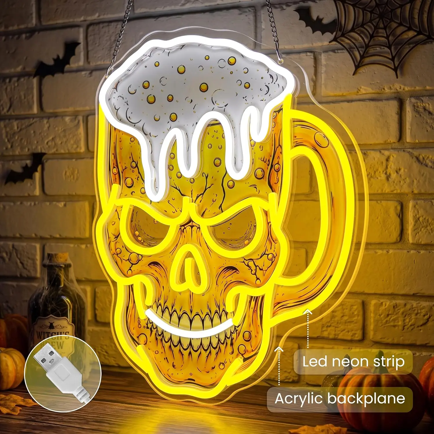 Skull Beer Neon Sign, USB LED Neon Light, Halloween Party Gaming Room Bedroom TikTok Photo Background Decor, Aesthetic Lamp Gift