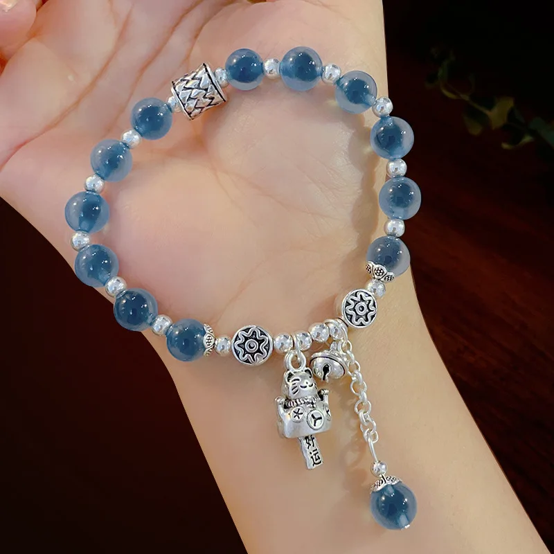 Retro Ethnic Style Green Ghost Bracelet Women's Chinese Scenic Spot Buddha Beads Wen Play Tibetan Silver Luck HandString Jewelry