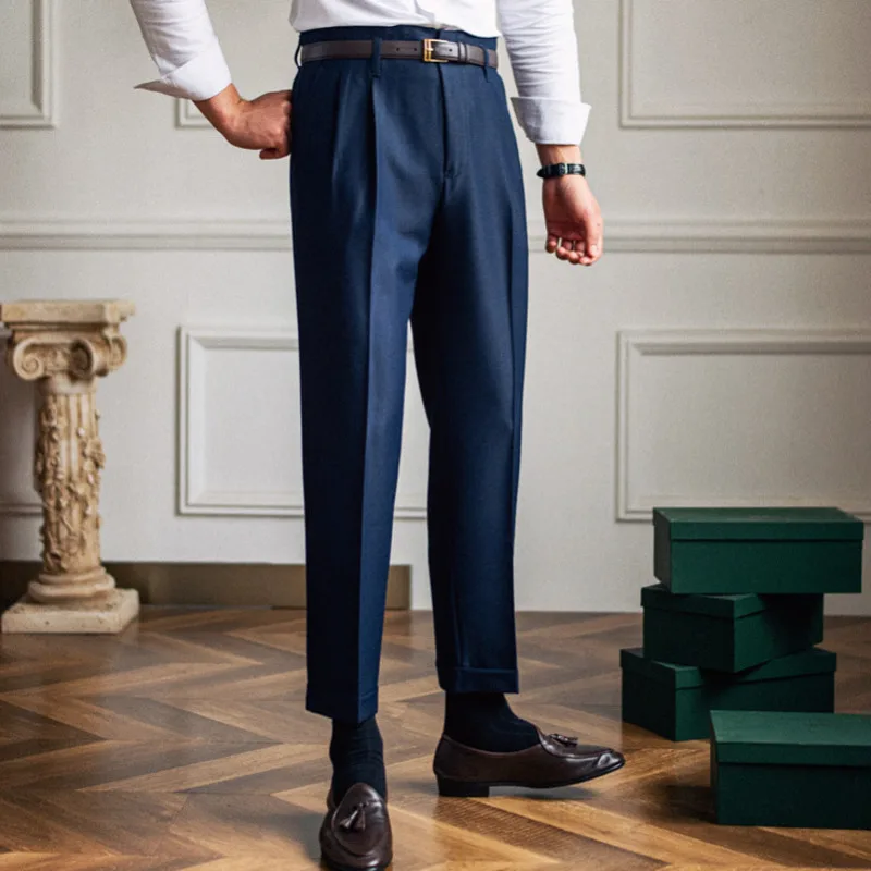 Pantalon droit taille haute pour homme, culotte slim, couleur unie, style britannique, été 2022