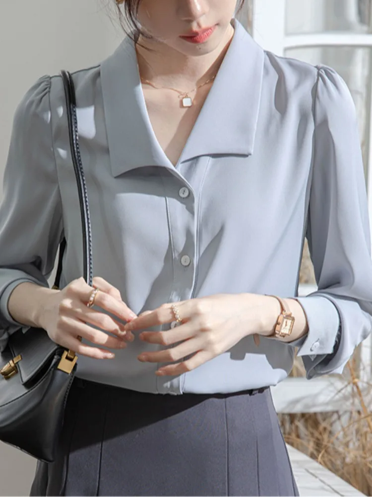 Ele Blue Long Sve irt für Damen, Pendeln, Herbst, professionelle Bürokleidung, öffentlicher Diener, Interview, Damen-OL-Top