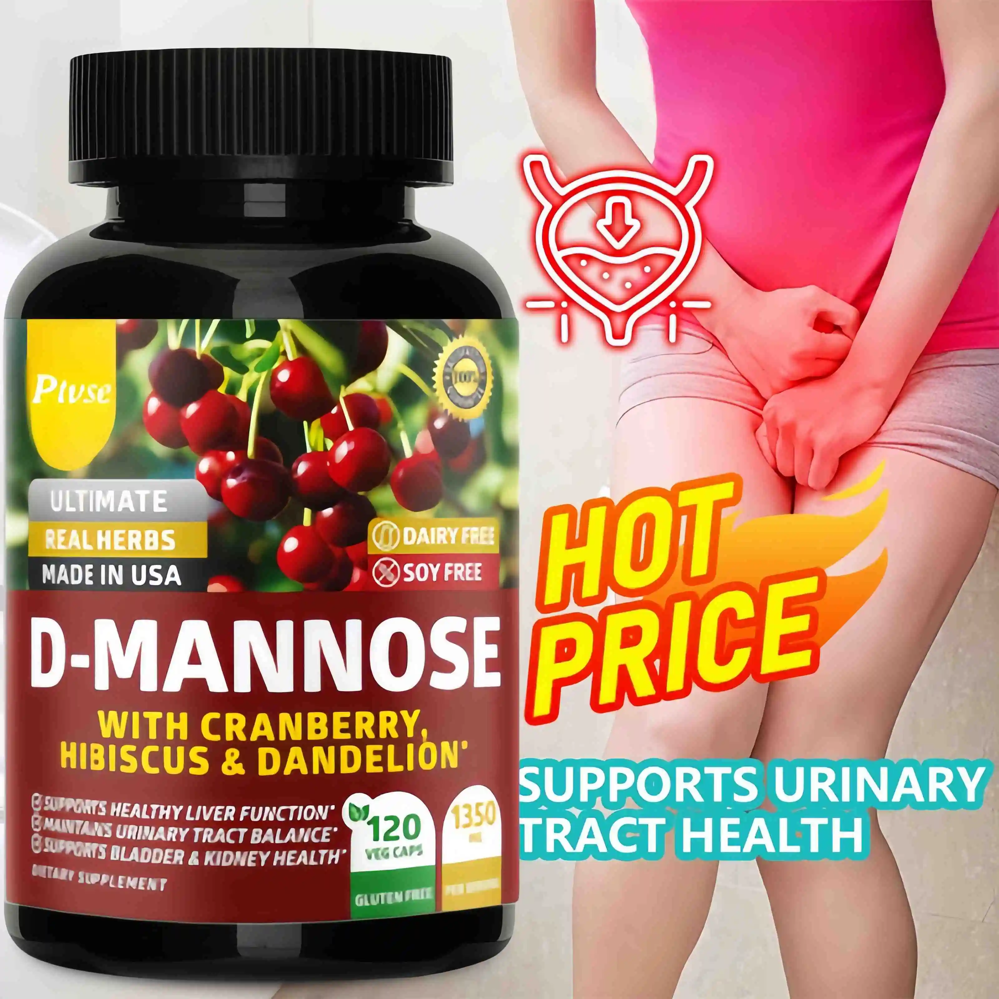 Premium Mannose Capsules Organic Cranberry Fruit Powder and Hibiscus for Natural Cleansing, Rapid Detoxification Rinse