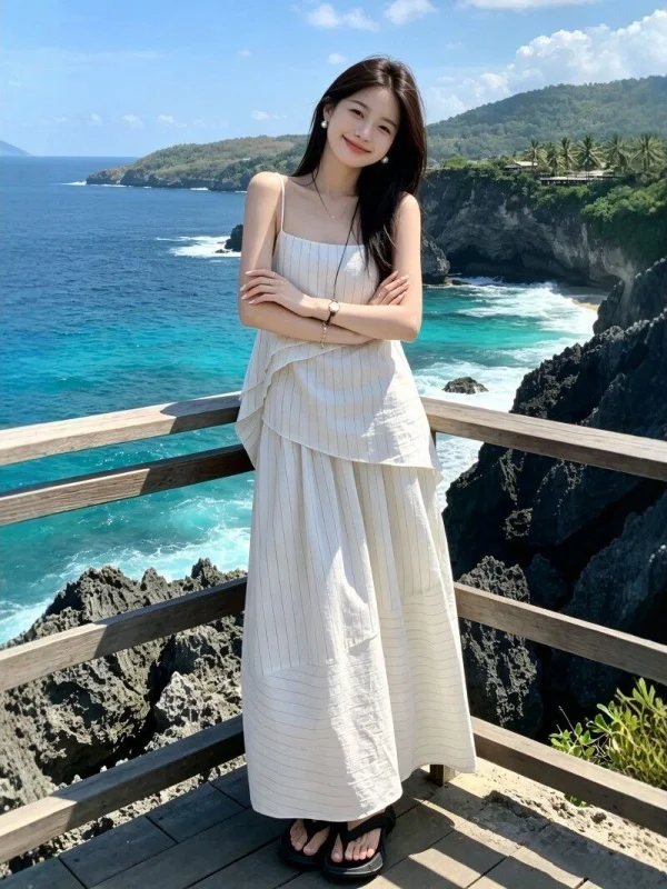 Korean Style Summer Outfit Two-Piece Set Irregular Strap Top Half-length Skirt Slimming Effect Complete Ensemble Age-defying