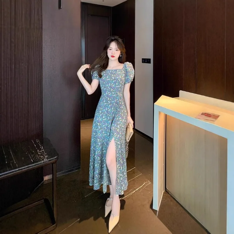 Abito Lungo Estivo da Donna Stile Socialite Xiaoxiangfeng con Spacco in Vita, Linea ad A, Scollo Quadrato Francese, Maniche a Palloncino e Motivo Floreale