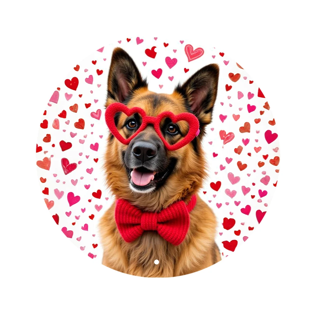 JIT 1-pc White heart confetti german shepherd with red bow tie cartoon print round metal tin sign wall decor, smooth lightweight panel, this unique metal tin sign suits entryway and lounge for long-term wall ornament, ideal decorative home lovers view 2