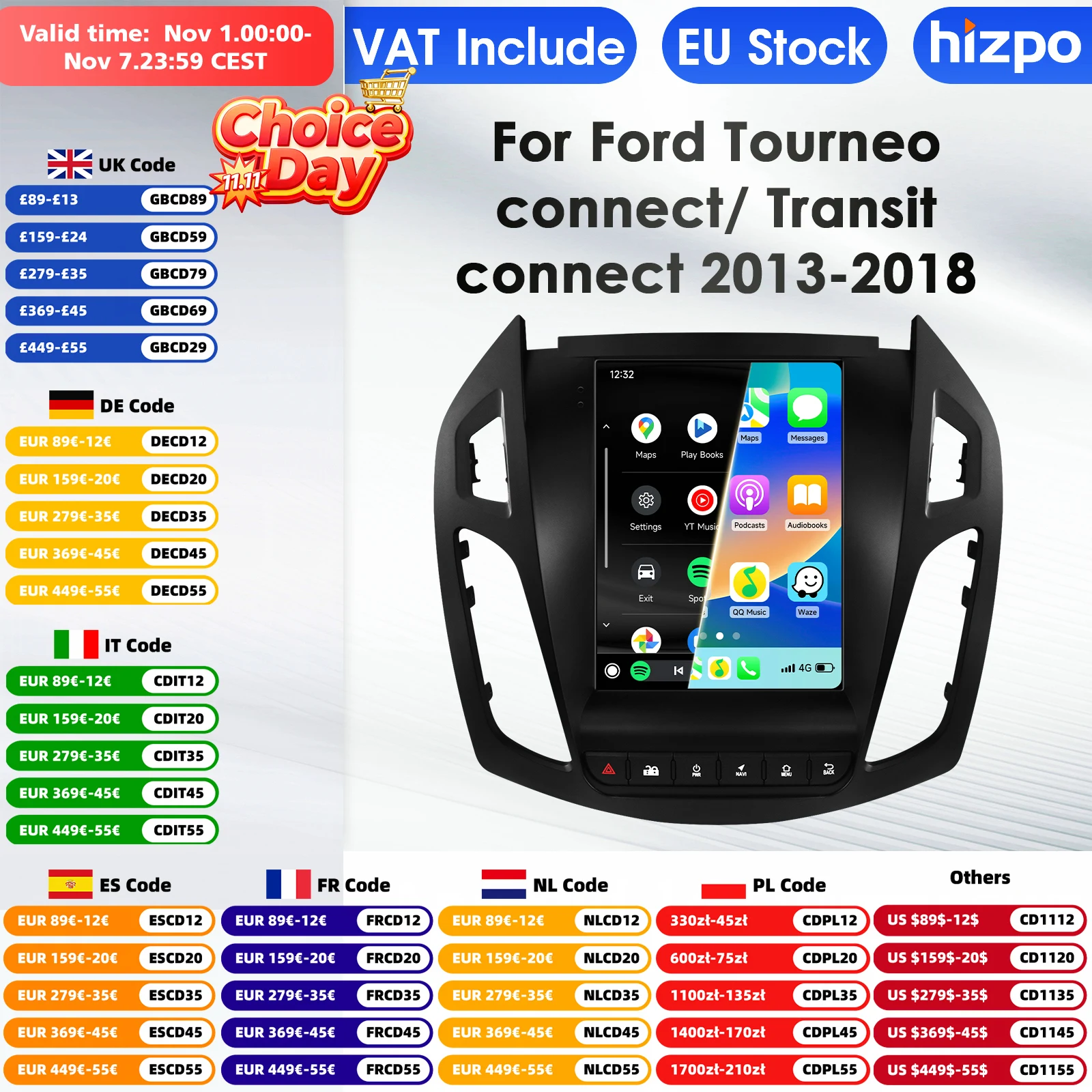 Hizpo Car Radio for Ford Transit Connect 2013 - 2018 CarPlay Android Auto Multimedia GPS Bluetooth WIFI FM RDS Autoradio AI