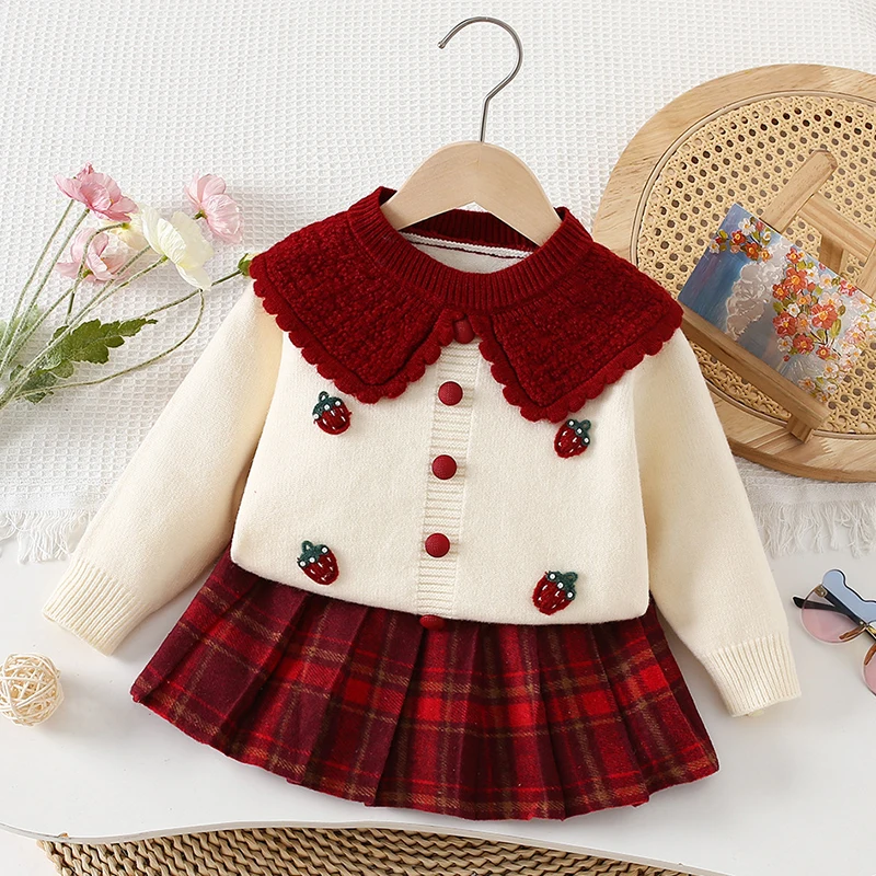 2025 New Autumn Winter 2-6Yrs Baby Girls Clothing Set Long Sleeved Knitted Cardigan+Short Skirt Children Knitted Clothes Suit