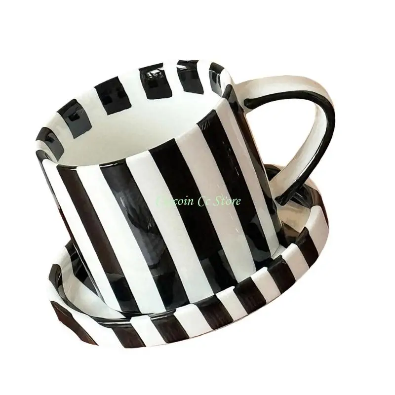 

X90F Premium Ceramic Mugs and Dish Set Striped Designs 5Inch Size for Coffee Lover Smooth Finishes Included