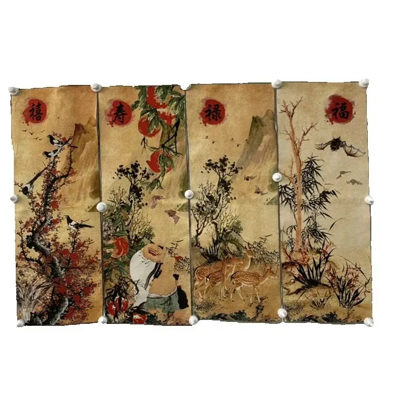 Chinese Old Color Brocade Embroidery, Four Screen Fortune, Prosperity, Longevity, and Happiness, Decorative Painting