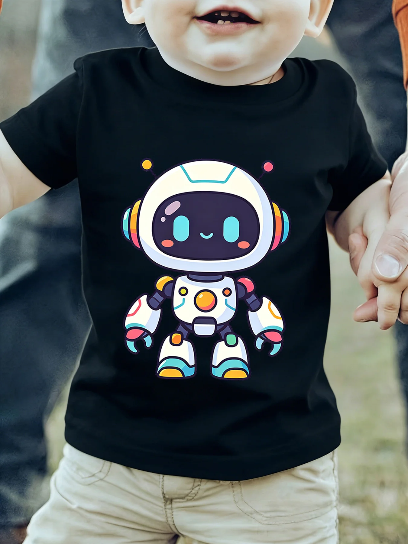 Lovely Smiling Little Robot Cartoon Tech Character Print Kids T Shirt Boys Girls Family Matching Summer Crew Neck Casual Tee
