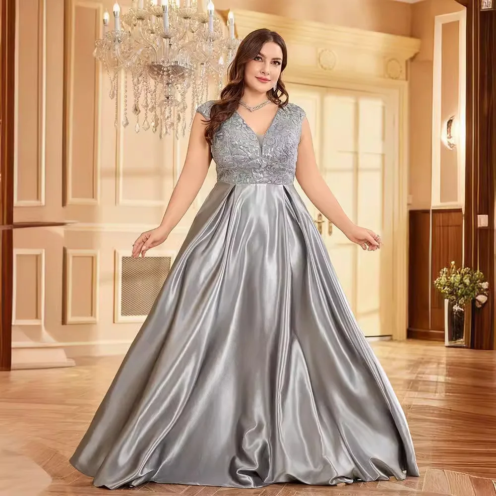 Abito da donna lungo in raso lucido color cipria, scollo a V, senza maniche, con pizzo e paillettes sul busto, gonna a trapezio, per cerimonia africana, damigella d'onore, madre della sposa, matrimonio